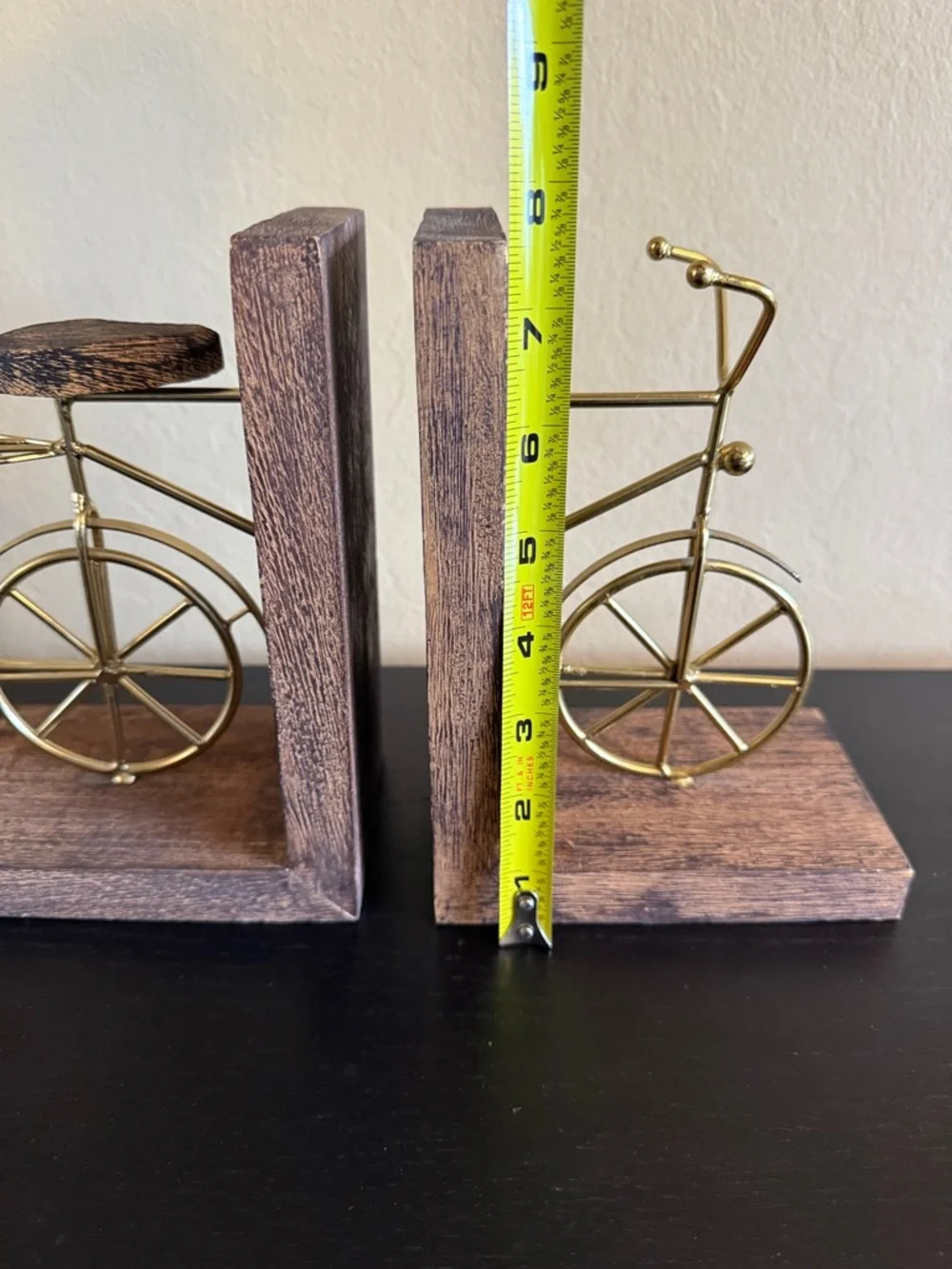 Vintage inspired Gold Metal Bicycle Bookends with Rustic Wood Base - Pair